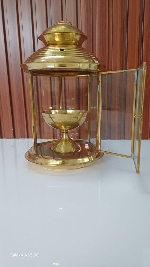 Brass Akhand Glass Jyoti Diya Stand 462g